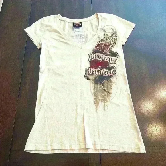 Ladies Harley Davidson Small T Shirt V Neck Chester’s HD Mesa AZ EUC - Picture 1 of 9